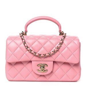 Authentic CHANEL Lambskin Quilted Mini Top Handle Flap Bag Pink Purse